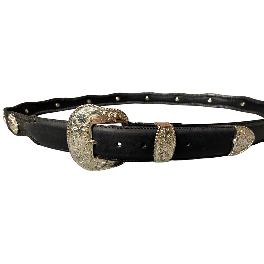 90’s Western Black Leather Concho Belt Intricate Floral Designed Buckle
4XL-5XL